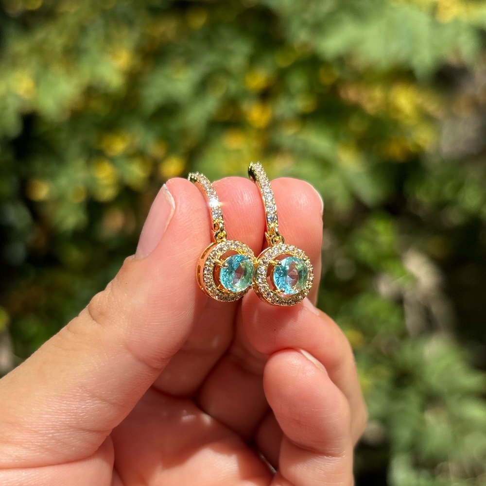 18K Gold Plated Stainless Steel Light Blue Diamond Dangling Earrings